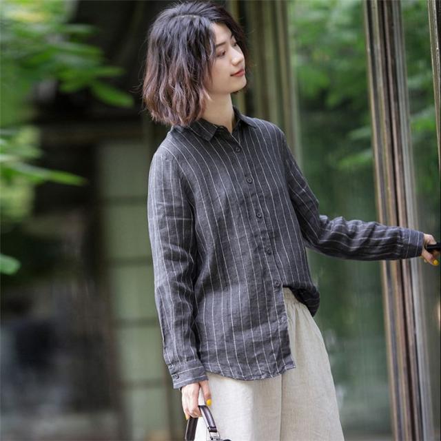 ストライプシャツ体型カバー大きいサイズ 長袖リネンブラウス トップス シャツグレーカジュアル通勤 通学 オシャレ 473