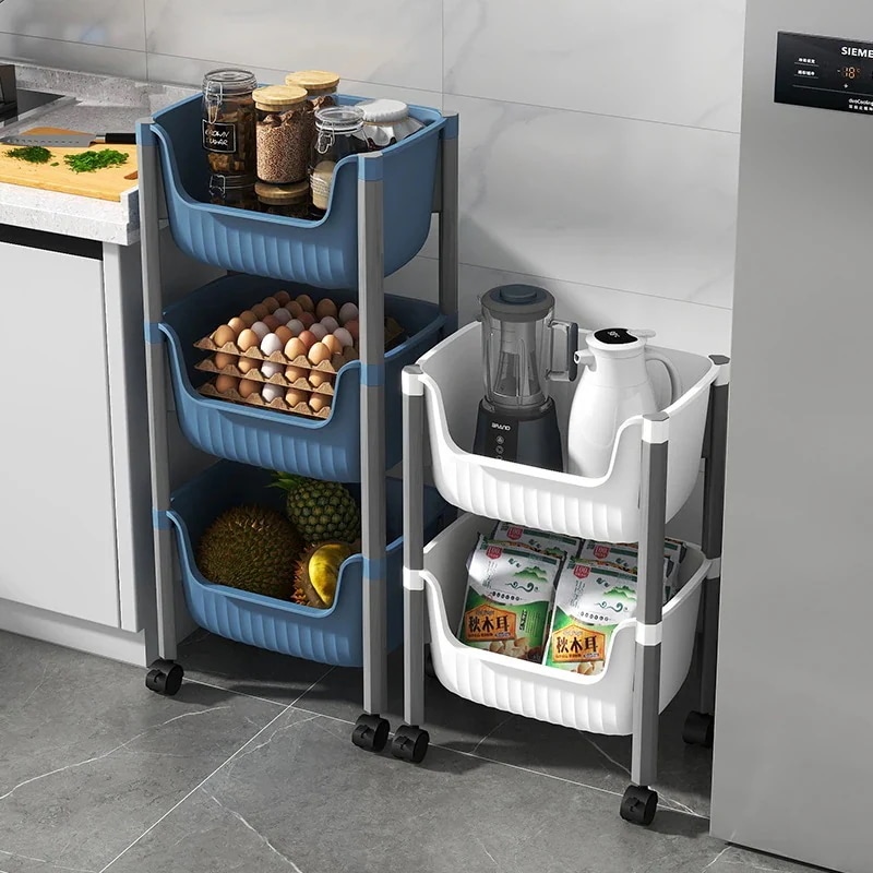 きちんと置く&省スペース家庭用キッチン収納ラック用のプラスチック棚ローラー付き多層棚床置きバス多シーン多機能収納