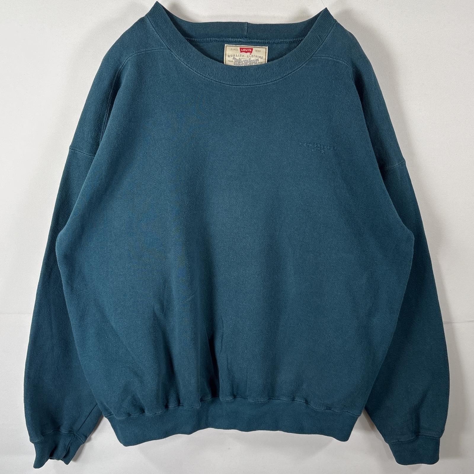 古着 90s/90年代 USA製 スウェット トレーナー 大きいサイズ ワンポイントロゴ刺繍 クルーネック XL ブルー系 無地 メンズ