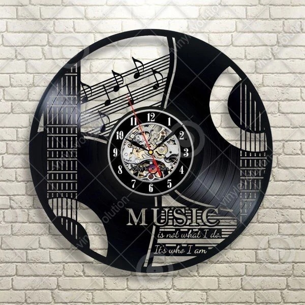 【2026 売れ中】30cm レコード盤 壁掛け時計 音楽 Music アコースティックギター アコギ 音符 インテリア ディスプレイ シルエット【3枚350/円OFF】