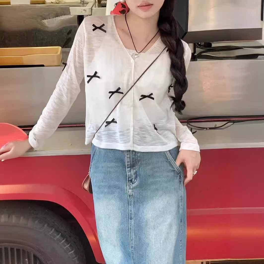 リボンカーディガン シアーカーディガン リボン シースルー カーディガン 薄手 ブラック ホワイト 透け感 長袖 韓国 レディース オルチャン Vネック 白 赤 黒 ピンク