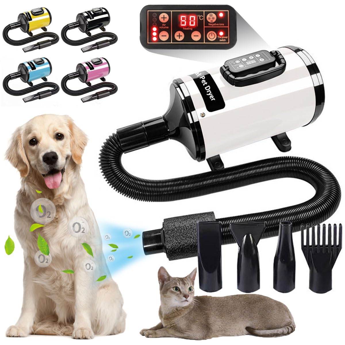 ペットドライヤー 2800W 3.2HP 犬用ドライヤー LCDコントロール画面付き 6段階風速 猫 犬 ドライヤー 120m/s 大風量 猫 犬用乾燥機 無段階風速制御 30-70℃温度可調整 犬ド