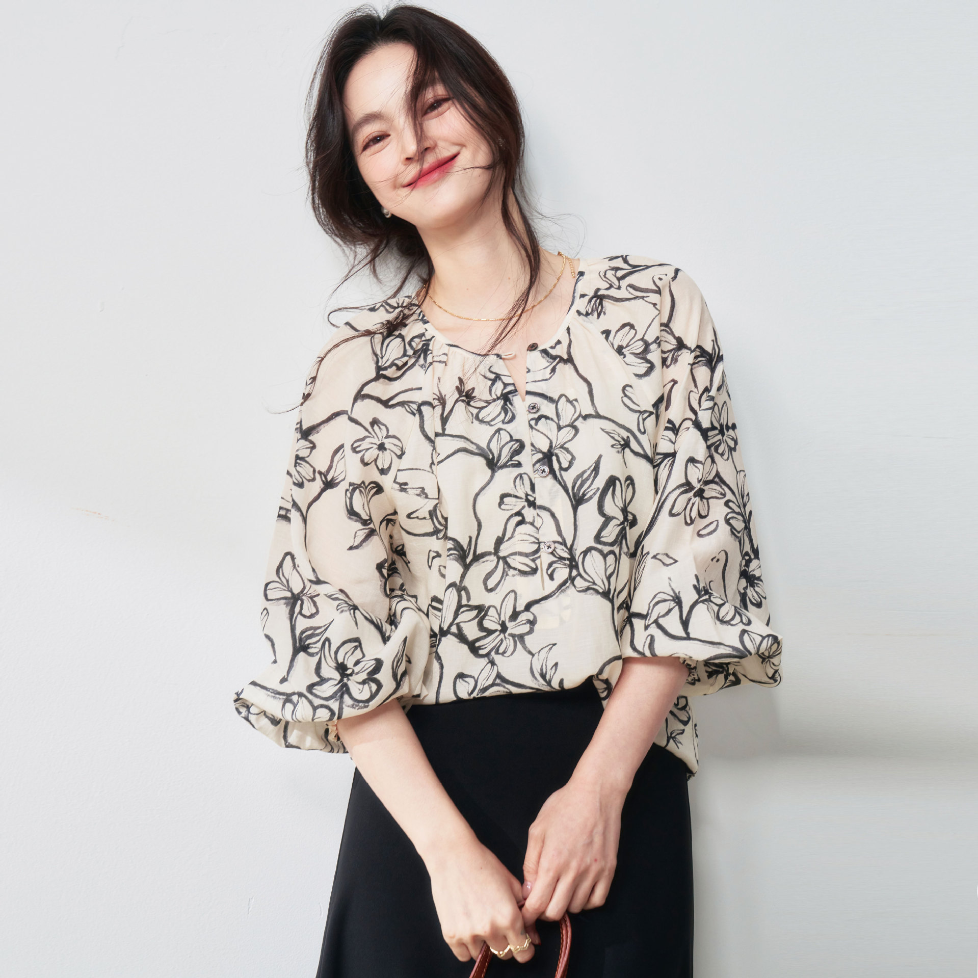 【速達!】25日糸麻通気さらさらシンプル丸首長袖上着25077