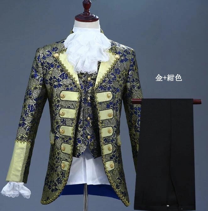 男性用ステージ衣装 スーツセット 王子 欧米宮廷風演出服6点セット 長袖 キルティング刺繍 5色スーツジャケット 黒ズボン 総柄ベスト フリルつけ襟 つけ袖 ミュージカル 衣装 王子様 コスプレ 仮装