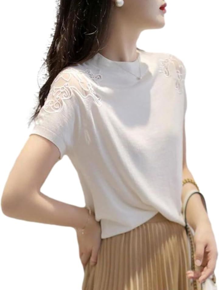 サマーニット レディース トップス 半袖 レース切り替え シースルー ラウンドネック 薄手 涼ニット ラウンドネックニット 清楚系 ニットトップス 大人 すっきり(ホワイト, M)