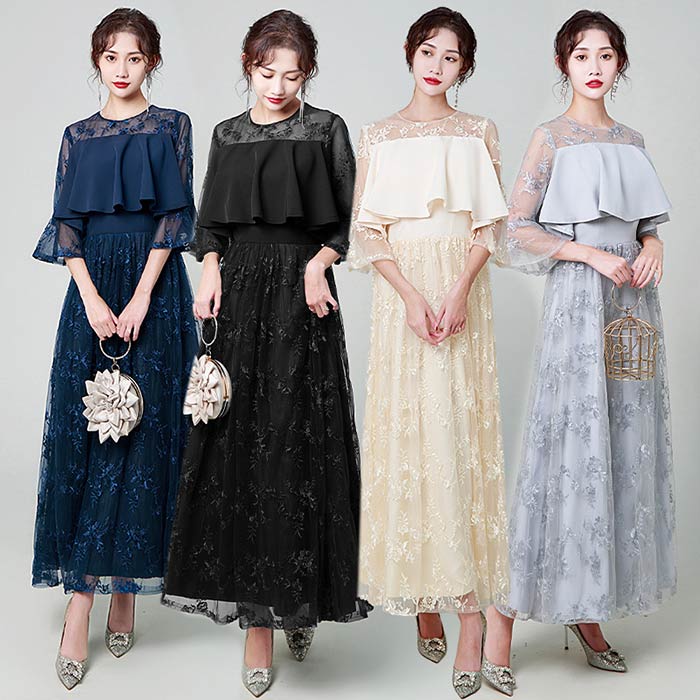 パーティードレス 結婚式 ワンピース レース ロング丈 ドレス ワンピース 結婚式 披露宴 二次会 女子会 謝恩会 発表会 演奏会 卒業式 七分袖 ロング 袖あり お呼ばれ ドレス レース レディース