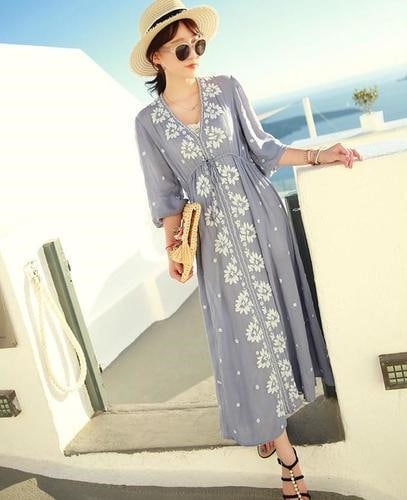 1512. 花柄刺繍ボヘミアンロングワンピース（ライトブルー） 2019 春夏 sale カジュアル 通学 普段使い 女子会 ランチ ショッピング