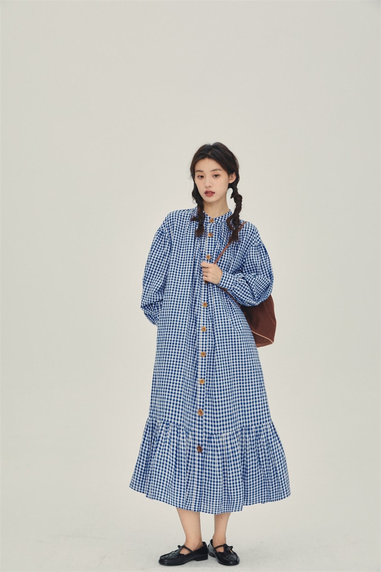 韓国ファッション 女性 ラウンドネック 長袖 格子 綿 ひだ折り 紐抜き シャツワンピース 気質 2023春 ロングスカート ワンピース