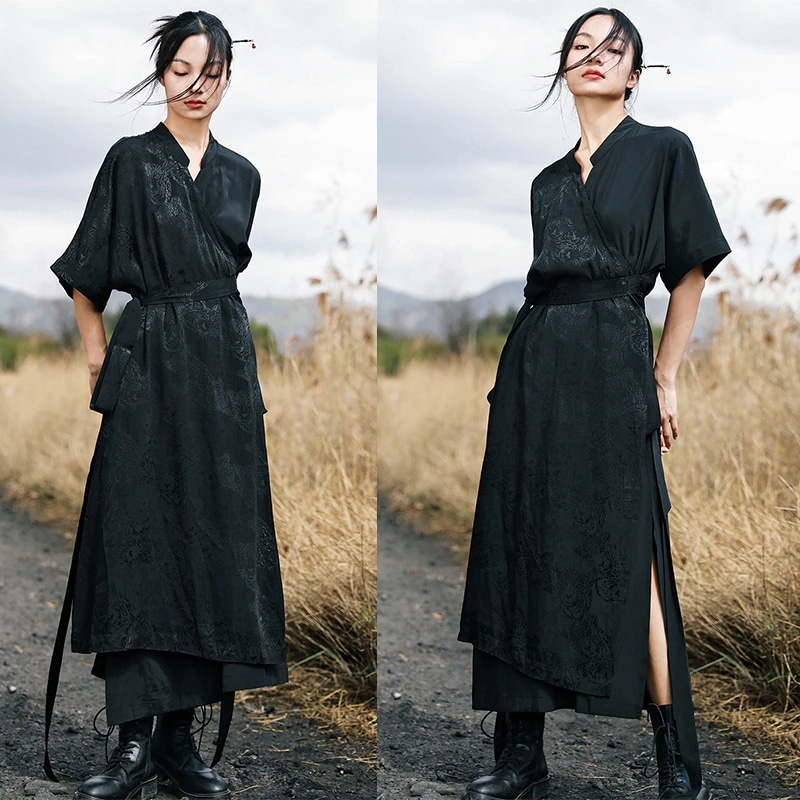 和風ワンピース ロング 半袖 黒 豹模様 涼しい生地 切り替え 不対称裾 着瘦せ