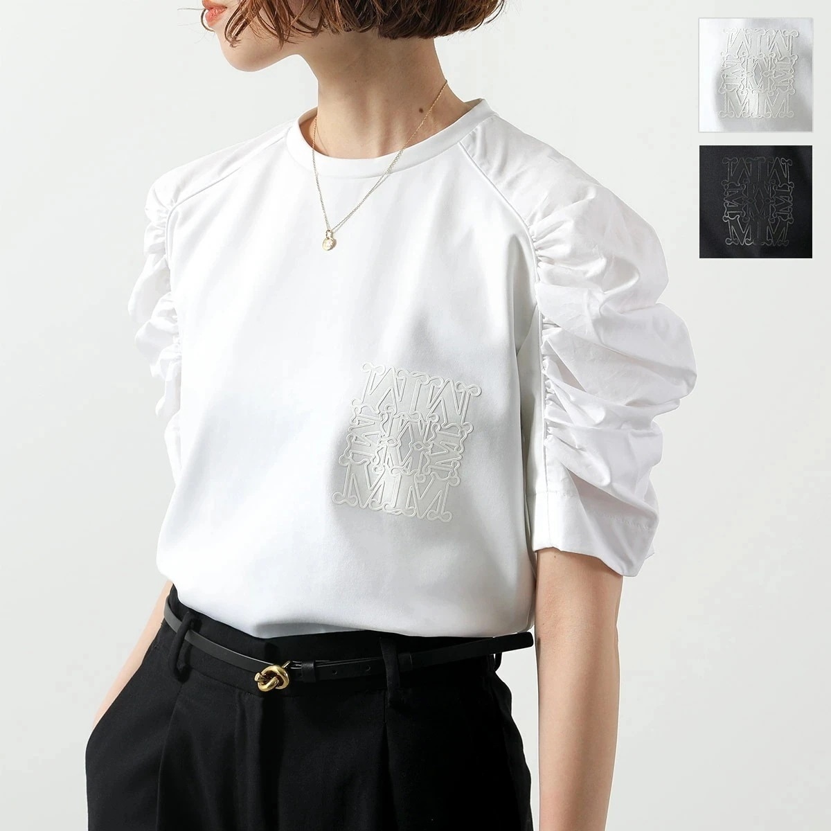 MAX MARA マックスマーラ Tシャツ MANTIDE マンティデ レディース 半袖 テクニカル ジャージー カットソー MロゴT ギャザー ストレッチ カラー2色