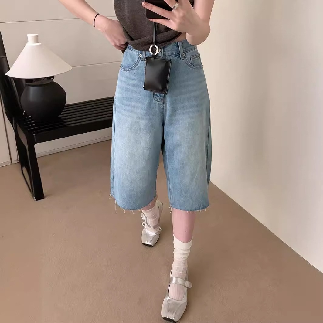 Emni ブルーズボン裾 6 ポイントジーンズ女性用 2024 夏ハイウエストカジュアルミッドパンツ 66004