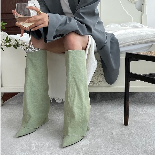 ロングブーツ 8cmヒール 女性ブーツ デニムブーツ 新商品ブーツ 人気ブーツ 韓国デザイン [3色]