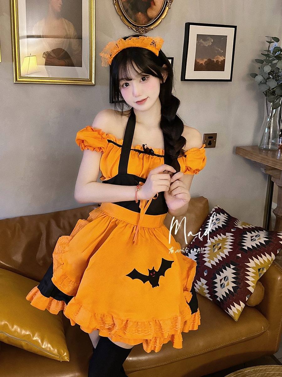 【1点ご購入 で10点プレゼントいたします】ハロウィンメイドコスプレ魔女ヴァンパイアメイドロリータカボチャ色ワンピース