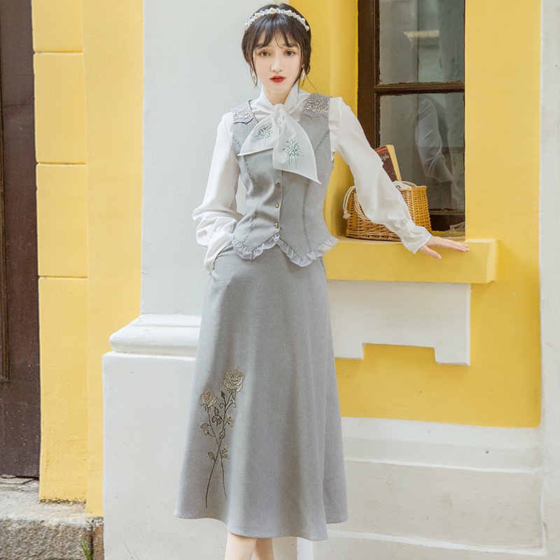 大人かわいい レディースセットワンピース 3点セット ロング丈 リボンタイレディースファッション