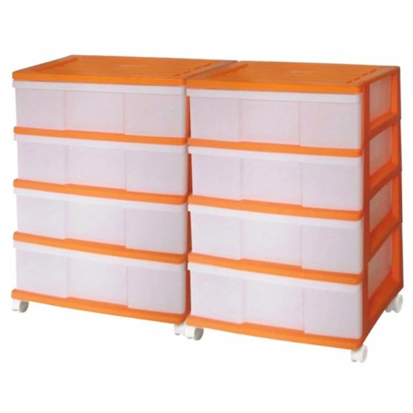収納ケース プラスチック 引き出し ワイド 4段 2個組 幅60 おしゃれ オレンジ キャスター付き