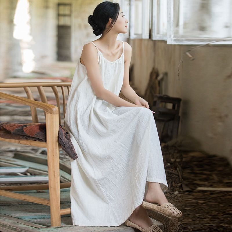 ラミー糸（苎麻）の絞り染め 調整可能なロングタックスカート ゆったりレトロ 春夏用 スリム効果 エレガントなフレンチカジュアル レディースワンピース