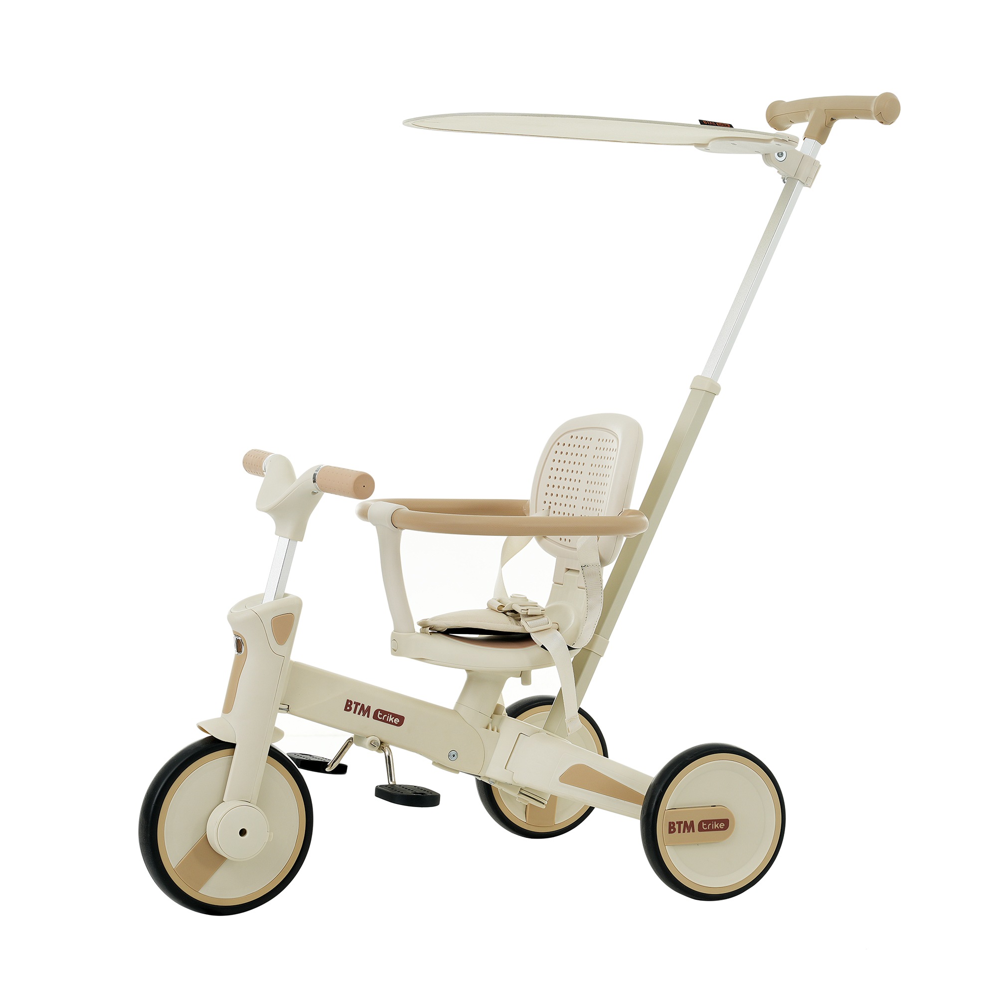 三輪車 ワンタッチ折りたたみ 高級 子供用三輪車（ベージュ×ブラウン） 三輪車のりもの サンシェード付き 安全バー付き シートベルト付き コントロールバー付き