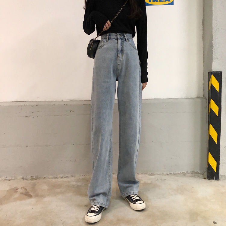 ライトカラージーンズ ストレートパンツ レッグパンツ ハイウエスト モップパンツ トレンド ロング丈 バックリボン ポケット ジッパー ボタン カジュアル レディース ハイウエスト カッコイイ