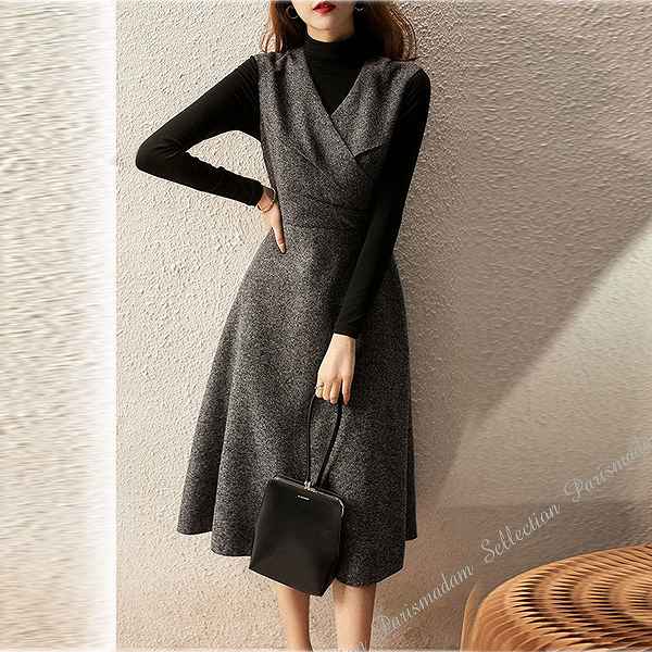 希少アイテムカシュクールジャンバースカート　大人スタイル　ダークグレーフレアスカート　Aライン　ひざ下丈　大きいサイズ有りMから３L　ほっそり効果大 20代30代40代50代