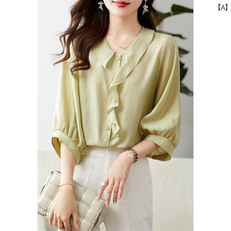 トップス レディース おしゃれ 上品 通勤 オフィス カジュアル 夏 エレガント 軽量 涼しい 涼しい シャツ 薄手 涼しい 涼しい シフォンシャツ フリル ラン タンス リーブ
