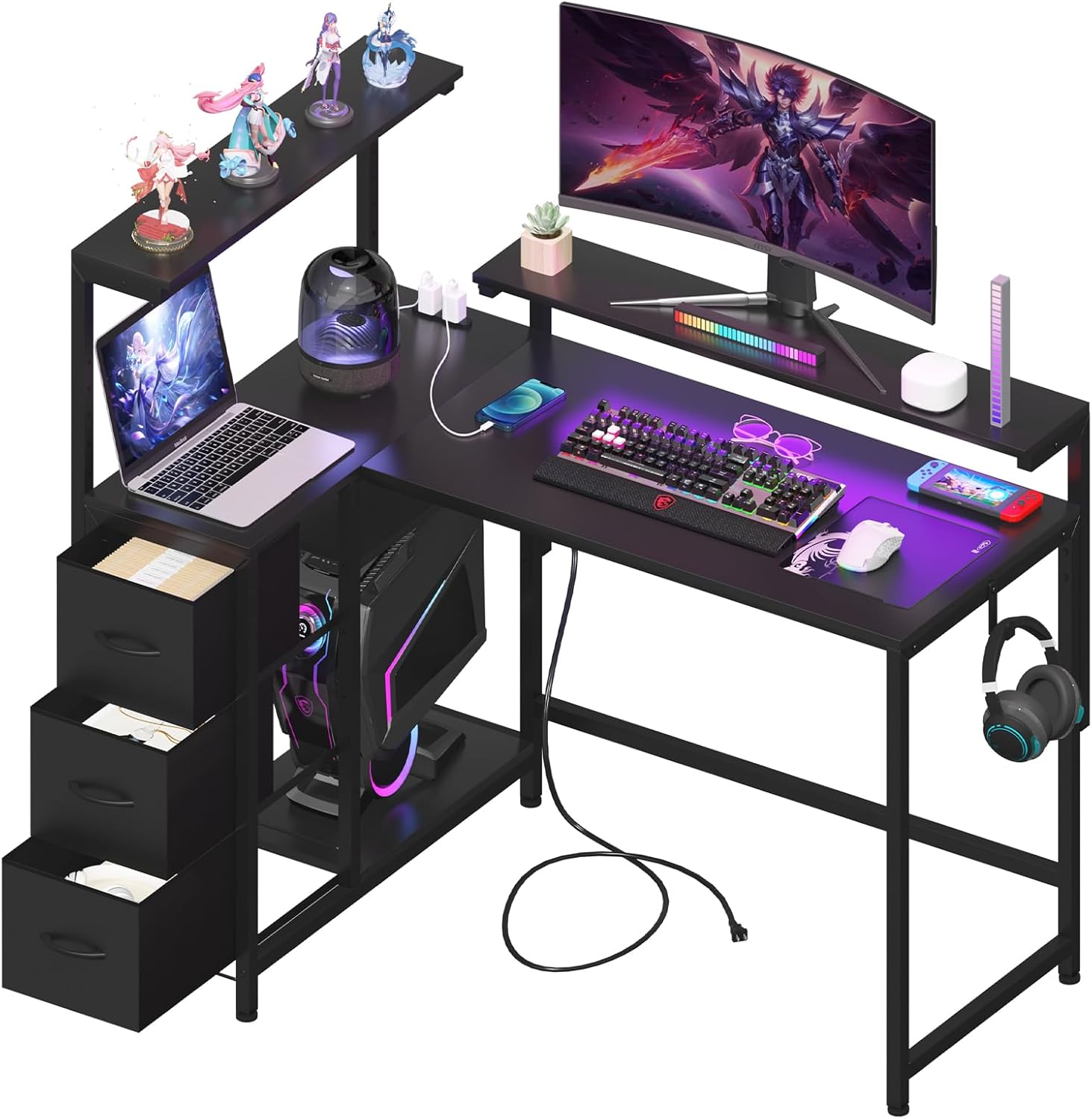 【モニター台2個付き・高さ7段階調節可能】PCパソコンデスク 幅130奥行き80高さ72cm L型デスク 左右差し替え可能 7段調節モニター台（12～36cm対応） テレワーク コンセントとフック付き