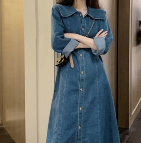 ワンピース シャツワンピ フレア 膝丈 ミモレ 襟付き ビッグ襟 長袖 前開き デニム フェミニン かわいい 大人可愛い きれいめ シンプル 春 秋 冬 デート お出かけ 旅行 S XL ブルー