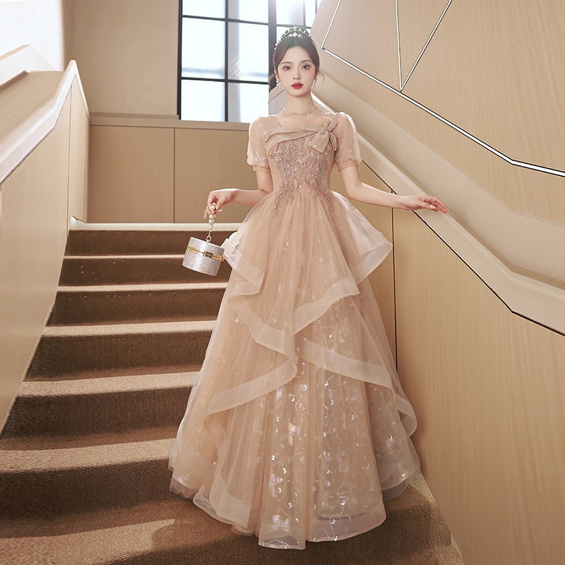 【高級宴会ドレス】イブニングドレス レディース 2025 新作 宴会用 上品な雰囲気 軽奢華 ニッチ ハイエンド 誕生日 成人式ドレス パーティードレス シャンパンカラー フレンチスタイル 司会者用