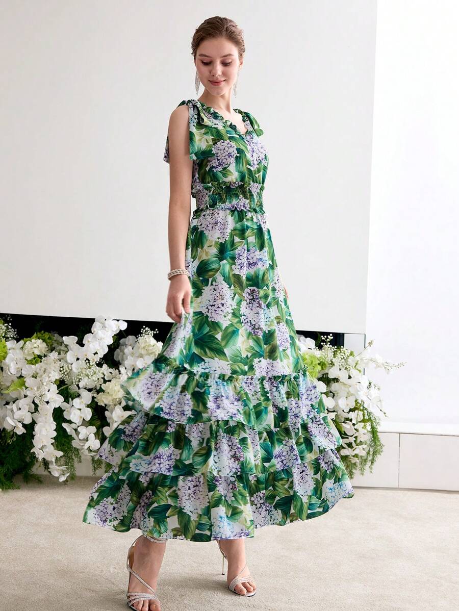 花柄ラッフルヘムカクテルドレス