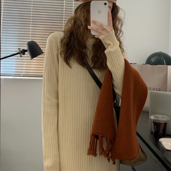 【取寄：納期2週間】ニットワンピース レディース ワンピース リブニット セーター ミドル丈ワンピース ロングワンピース 長袖 ラウンドネック シンプル 無地 定番 ベーシック カジュアル 7,480円