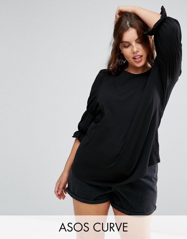 ASOS エイソス レディース 大きめサイズ ゆったりサイズ 送料無料 Black CURVE Top with Long Sleeves with Puff Sleeve Detail