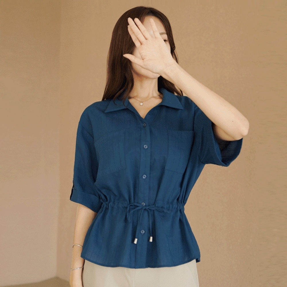 Click & Funny リネンストリングストライプブラウス