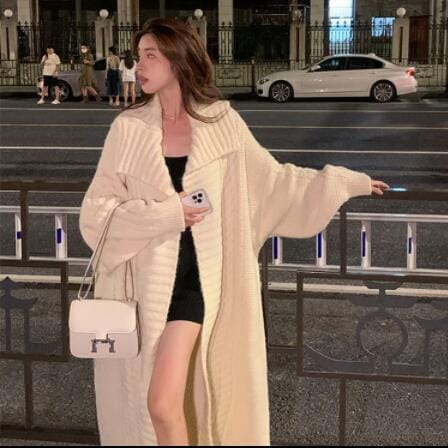 感レトロな開襟ニットカーディガンゆったりけだるい風ミディアムニットコート女は厚めに