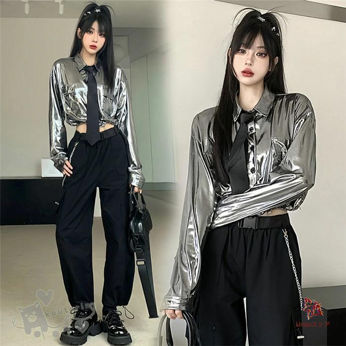 【季節替わり新作】レディース ダンス衣装 セットアップ 大人ヒップホップ 韓国 kpop シルバー トップス ステージ衣装 チアガール 衣装 上下 へそ出し イベント 応援団 JAZZ お