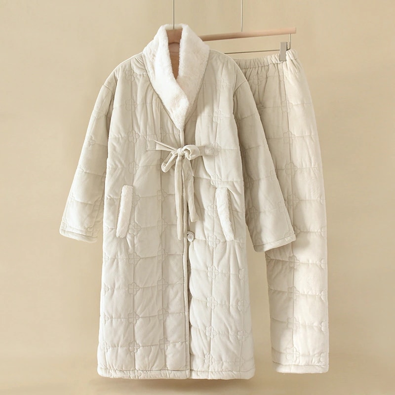 パジャマ綿のパジャマの三層 ズボン付きロングローブ