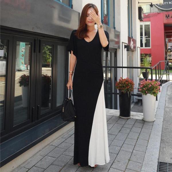 ワンピース レディース ロング マキシ丈 Tシャツワンピース クールネック Aライン リゾート バイカラー半袖 10代 20代 30代 40代 50代 5,253円