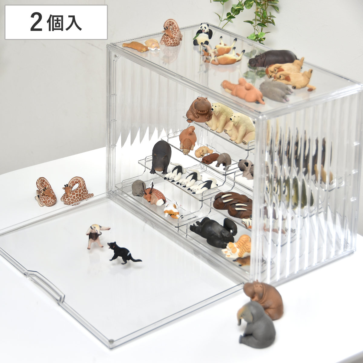 コレクションケース ラダー付き マルチクリアボックス 2個セット 収納 段差 卓上 棚 コレクション フィギュア ディスプレイ ケース クリア 飾る 扉付き 4段 透明 おしゃれ ボックス