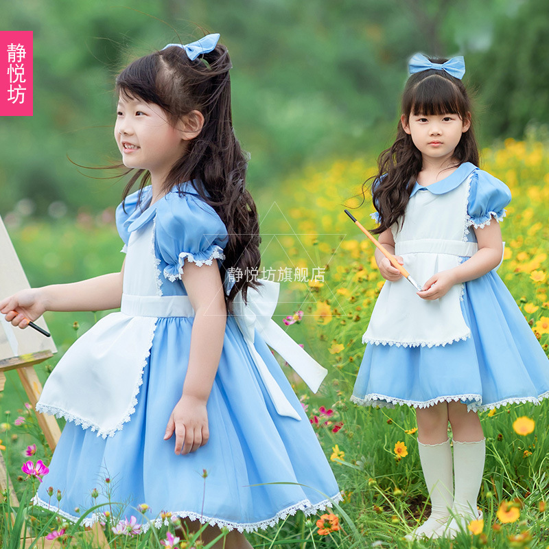 ブルーアリスメイドドレスガールドレスドリームランドコスハロウィン子供ロリータパフォーマンスコスチューム