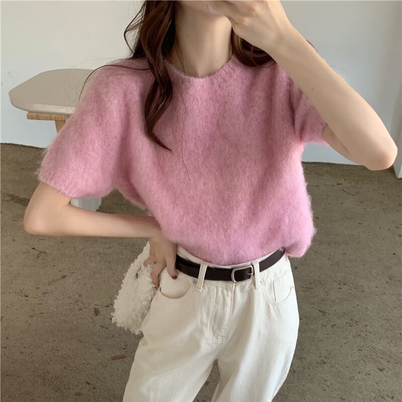 ふわふわ トップス プルオーバー レディース 半袖 ラウンドネック リブ かわいい 大人可愛い きれいめ シンプル 上品 おしゃれ レトロ こなれ感 ラフ マニッシュ ガーリー ルーズ モダン 存在感