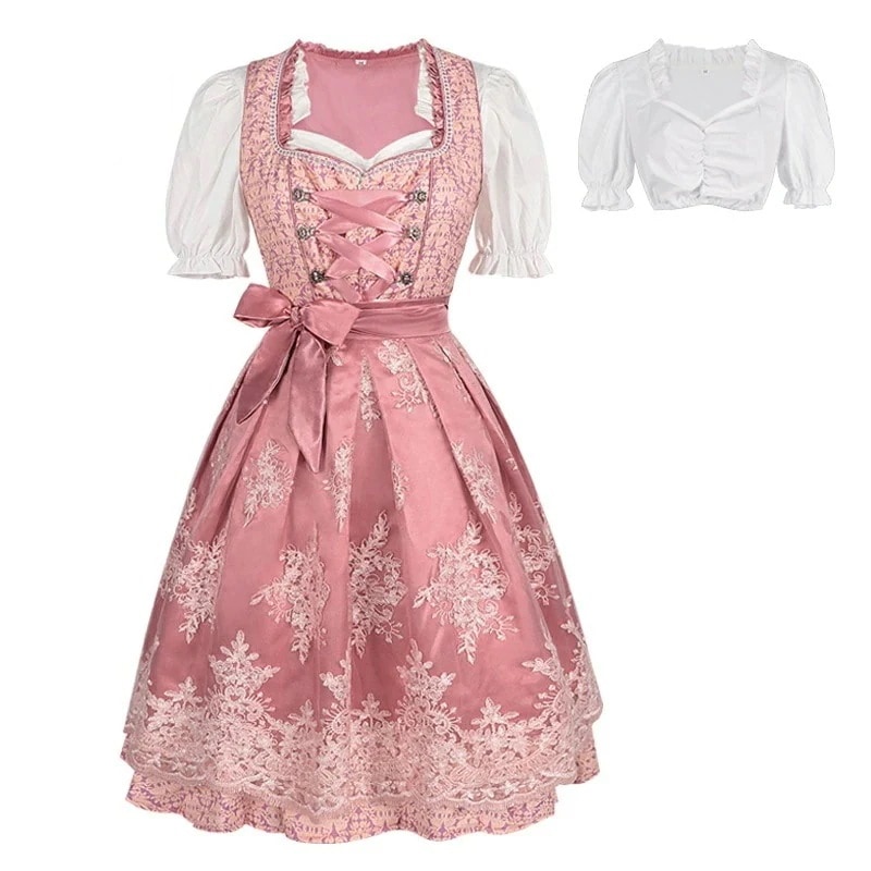 レディース プリントドレス コスプレ衣装 ワンピース ビールガール メイド服 コスチューム 半袖 メイド レースエプロン付き 3点セット 可愛い 民族 パフォーマンス 余興 大人 女性 S M L X