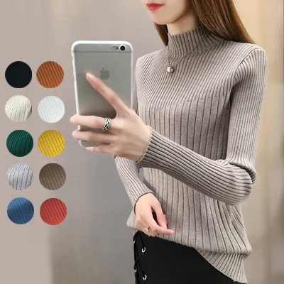 韓国ファッション春ニットハイネックセーターハーフハイカラーのプルオーバーソリッドカラー ニット