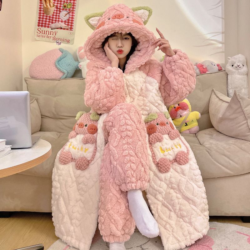 珊瑚絨毯三重綿パジャマ女性秋冬加絨毯厚手連帽スリーパーかわいいバスローブ部屋着冬