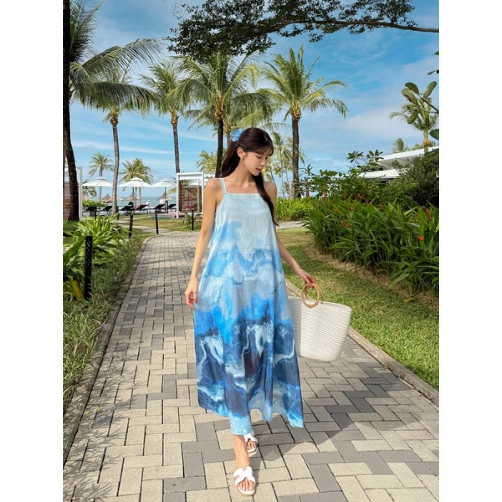 [Vivarup] リフレッシングリゾートビーチドレスOP20226F サマーシーナシオフショルダースクエアネックルーズフィットロングフレアバケーションルック