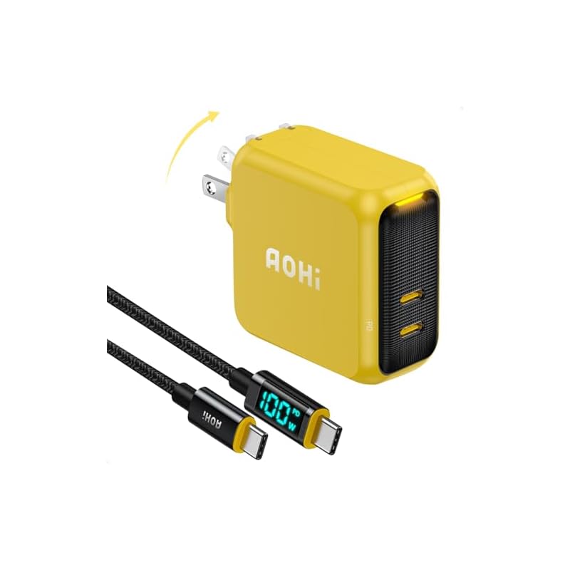 【めちゃ早】 AOHI 急速充電器 100W Type-C 2ポート ケーブル付属(1.2ｍ) 【Gan+搭載(超小型・高効率充電・過熱防止)/PD PPS/PSE認証/折りたたみ式プラグ/充電ステー