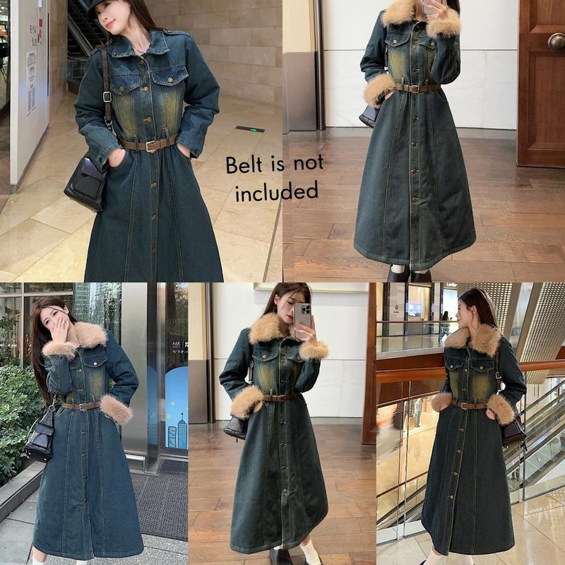 デニムロングワンピースジャケットファー取り外し可能ベルトは含まれません