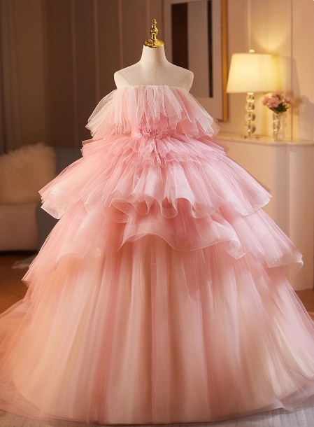 カラードレス ピンク オフショルダー プリンセスライン ボリュームドレス プリーツスカート 編み上げ 花嫁