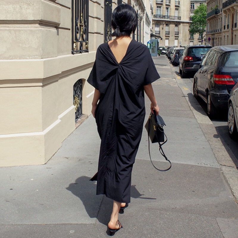 ワンピース レディース 女性用 Vネック オープンバック ミモレ丈 無地 袖あり 半袖 カジュアル