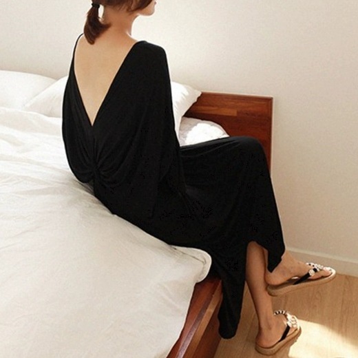 レディース ワンピース ロング 5分袖 トランペットスリーブ Uネック 背中開き サイドスリット 大人可愛い シンプル カジュアル おしゃれ かっこいい こなれ感 ラフ ルーズ 個性的 クール