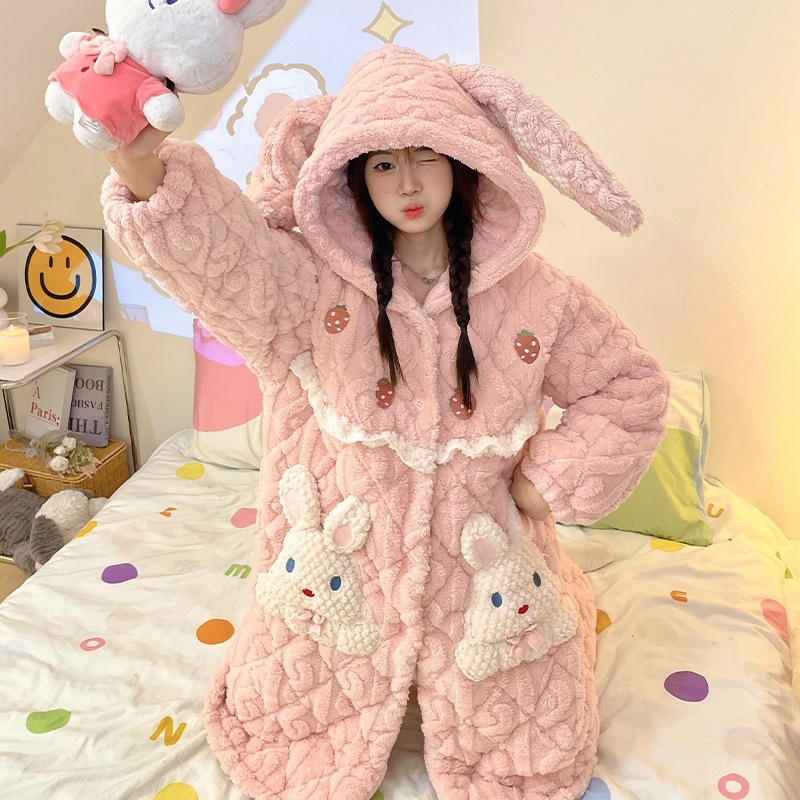珊瑚絨毯三重綿パジャマ女性秋冬加絨毯厚手連帽スリーパーかわいいウサギのバスローブ部屋着