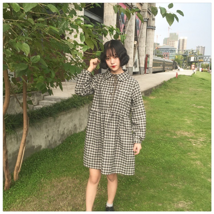 1075．チェック柄カジュアルミニワンピース（ブラック）