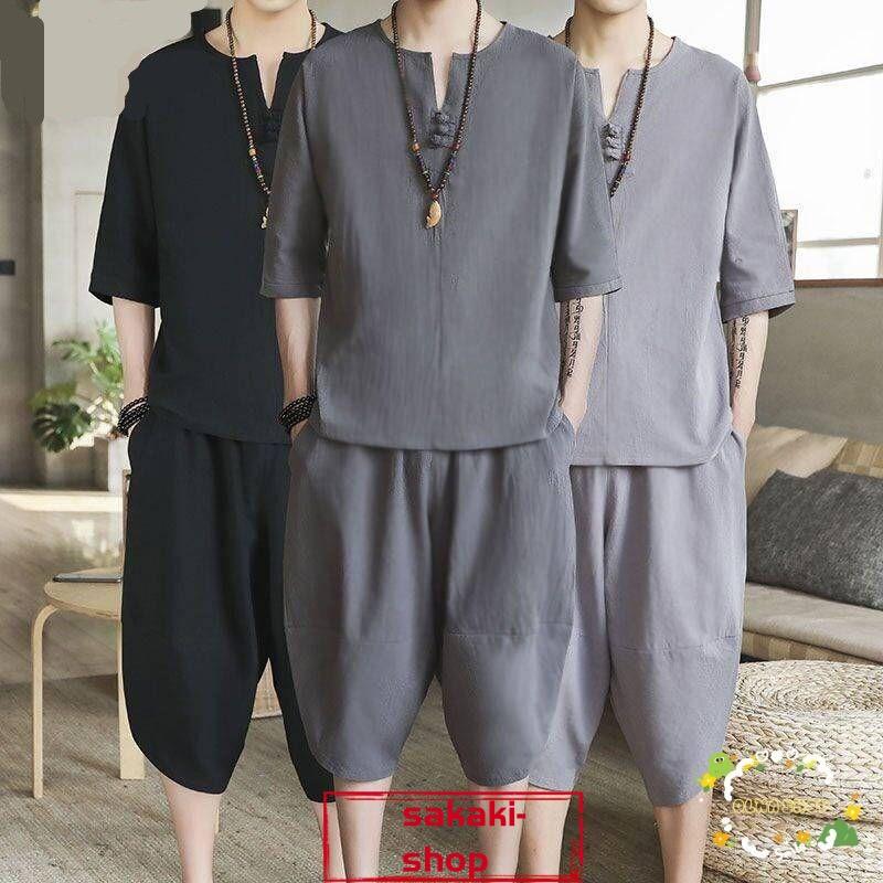 【急速出荷!】綿麻セットアップ メンズ 大きいサイズ 上下セット ン 夏 半袖 薄手 七分丈サルエルパンツ ワイド ウェア Tシャツ トップス 部屋着 5,221円
